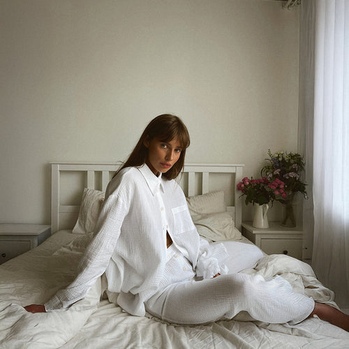 New Womens Double-Layer Crepe Long-Sleeve Shirt Set